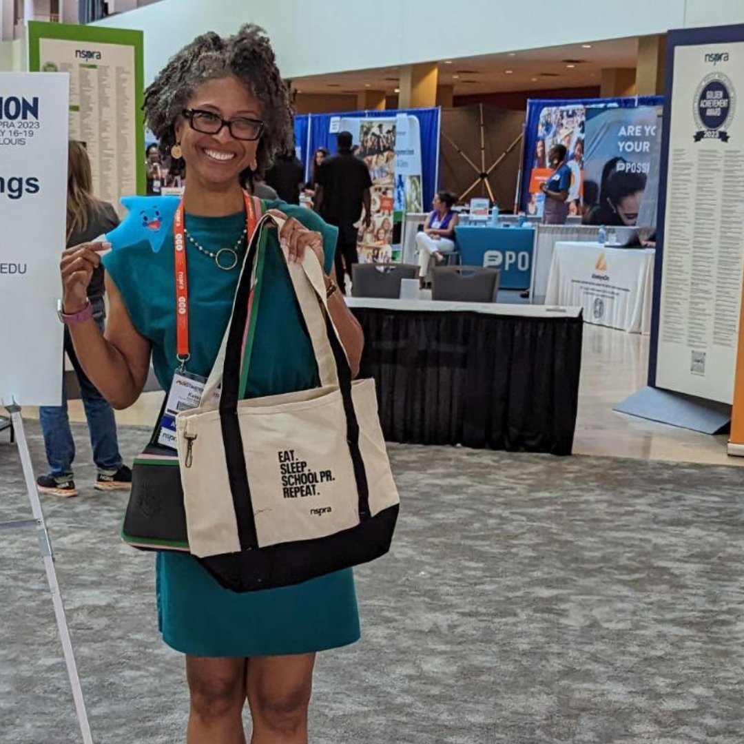 NSPRA's tweet photo. .@KeisaGunby, one of our "Find Flat NSPRA" winners from Sunday. Keep looking for those Flat NSPRA cutouts at #NSPRA2023 and scanning for a chance to win a #schoolPR swag bag! https://t.co/AZ6HO5Kb3D