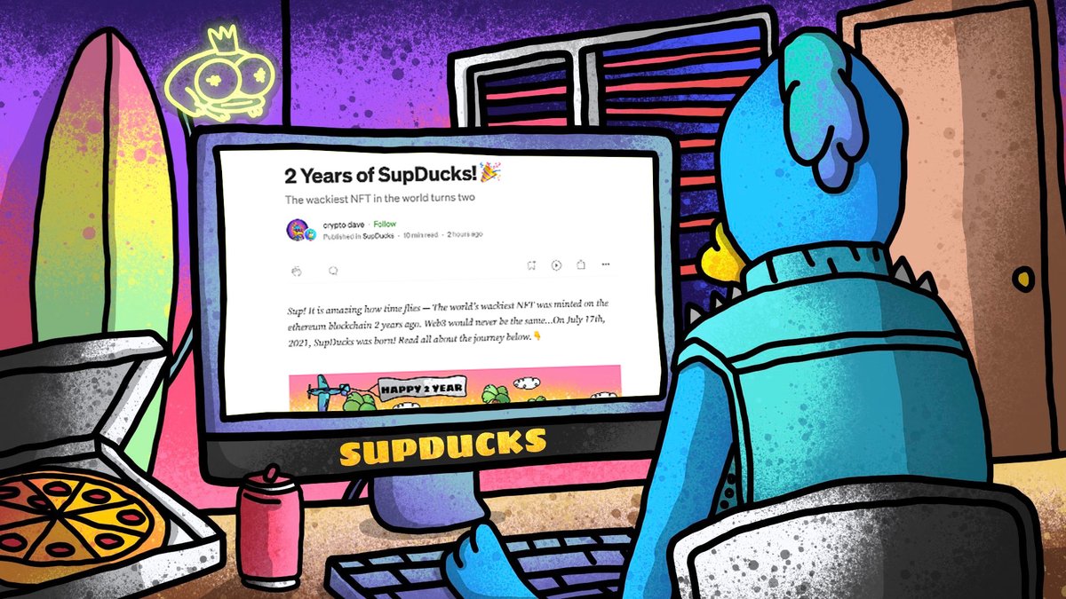 It is amazing how time flies 💨

The world’s wackiest NFT was minted on the Ethereum blockchain 2 years ago. Web3 would never be the same…

On July 17th, 2021, SupDucks was born!

📓 Read up on our journey:
medium.com/supducks/2-yea…
