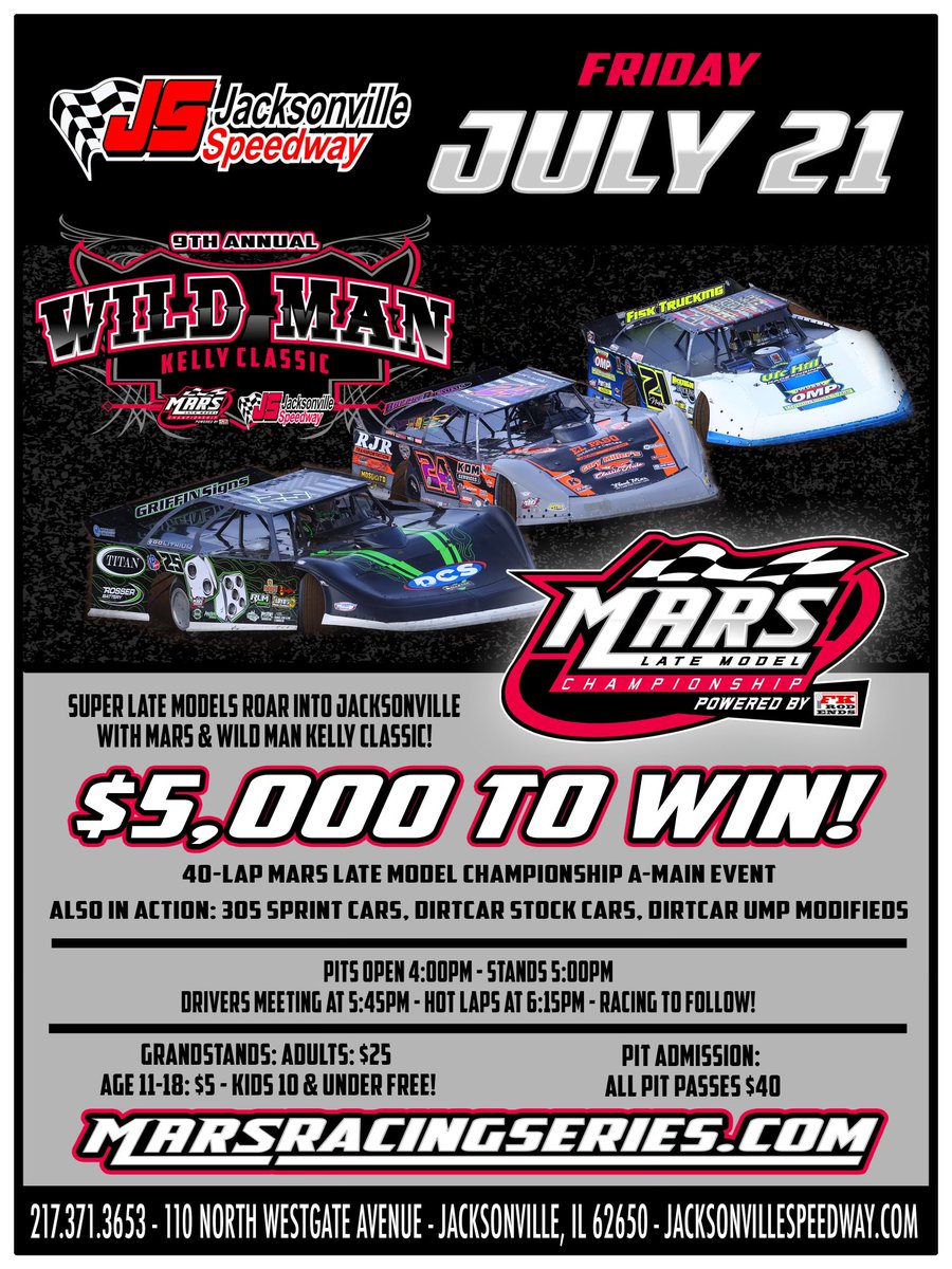 The 9th Annual Wild Man Kelly Classic coming this Friday night to @jaxspeedway for the MARS Late Model Championship Powered by @FKrodends! For more information visit marsracingseries.com or jacksonvillespeedway.com.