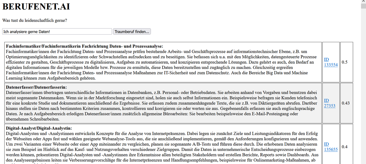 AFischer1985's tweet photo. Hat man erst mal Satzeinbettungen von allen Tätigkeitsbeschreibungen auf #BERUFENET scheint Berufsorientierung ein gelöstes Problem. 
Kaum auszudenken, was sich alles basteln ließe, wenn man über die @bund_dev APIs  noch Daten aus #ENTGELTATLAS und #KURSNET einbeziehen würde 🤩 https://t.co/8PRkZvvwWA