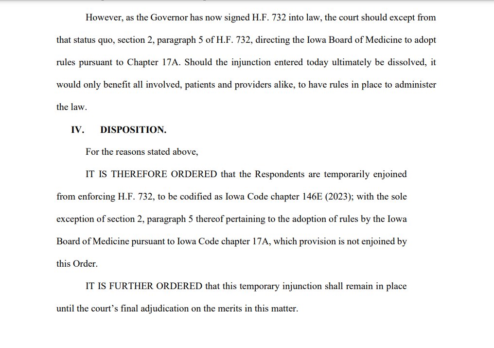 #Breaking: Polk County District Court judge issues temporary injunction blocking enforcement of new abortion restrictions signed into law Friday by Iowa Gov. Kim Reynolds, but says the Iowa Board of Medicine can go ahead with rulemaking.
