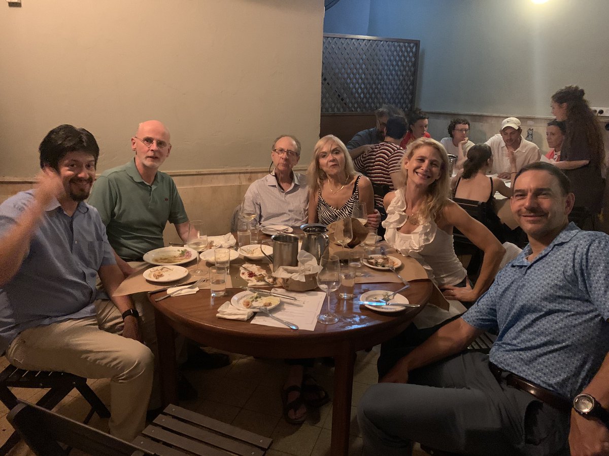 Enjoying great seafood and company at neve tzedek in Tel Aviv after the second day of the Joint Conference on Calixarenes and Cucurbiturils. @JLsessler @DmochowskiIvan @MassonOhio , Bruce Gibb, and friends.