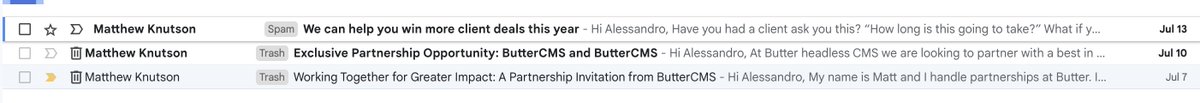 Hey @buttercms, you know what is annoying? This is annoying. And no, there's no opt-out link.
This is exactly one of the reasons why I opted for @datocms instead: I never receive marketing emails from them, just beautiful newsletters about the latest features in their product.
