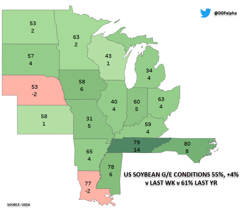 DDFalpha's tweet photo. G/E Conditions % Change for #Corn &amp; #Soybeans v Last Wk: https://t.co/WCnLohkajR