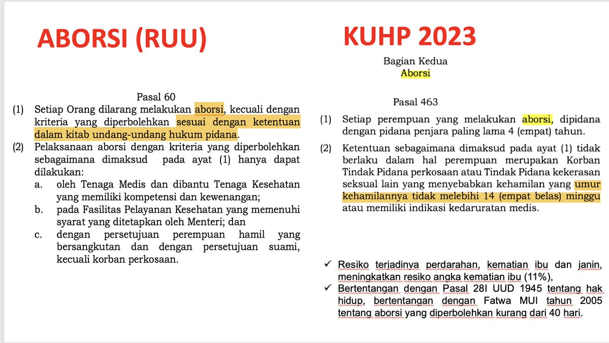 DrEvaChaniago's tweet photo. ABORSI ( Draft RUU Komisi IX DPR RI )

1. Pasal 60 ayat 1

 Setiap orang yang melakukan aborsi, kecuali dengan kriteria yang  diperbolehkan sesuai dengan ketentuan dalam kitab undang-undang hukum pidana.

KUHP 2023, Bagian 2, Aborsi, pasal 463

(1)  Setiap perempuan yang melakukan aborsi, dipidana dengan penjara paling lama 4 (empat) tahun.

(2) Ketentuan sebagaimana dimaksud ayat (1) tidak berlaku dalam hal perempuan merupakan korban tindak pidana perkosaan dan tindak pidana kekerasan seksual lainnya yang menyebabkan kehamilan yang umur kehamilannya tidak melebihi 14 (empat belas) minggu atau memiliki indikasi kedaruratan medis.

UU Kesehatan yang baru pasal 60 ayat 1 ini dilakukan sesuai dengan KUHP 2023,  aborsi boleh dilakukan walau janin telah mencapai usia 14 minggu.

- Aborsi pada kehamilan telah mencapai 14 minggu, akan beresiko terjadinya perdarahan ibu, meningkatkan resiko kematian ibu (11%) 

- Bertentangan dengan Pasal 28 UUD 1945 tentang hak hidup

- Bertentangan dengan fatwa MUI tahun 2005 tentang aborsi yang diperbolehkan kurang 40 hari.

- Bertentangan dengan  UU No 36/2009 pasal 76 bahwa aborsi hanya dapat dilakukan sebelum kehamilan berumur 6 (enam) minggu dihitung dari hari pertama haid terakhir, kecuali dalam hal kedaruratan medis.

2. Pasal 61 
Pemerintah pusat, pemerintah daerah dan masyarakat bertanggung jawab melindungi dan mencegah perempuan dari tindakan aborsi yang tidak aman serta bertentangan dengan ketentuan  peraturan perundang-undangan.

Pasal ini telah menghilangkan norma agama yang terdapat dalam UU No.36/2009 pasal 77 yang berbunyi : 
Pemerintah wajib melindungi dan mencegah perempuan dari tindakan aborsi sebagaimana yang dimaksud dalam pasal 75 ayat (2) dan ayat (3)  yang tidak bermutu, tidak aman  dan tidak bertanggung jawab serta bertentangan dengan norma agama dan ketentuan  peraturan perundang-undangan.

Sebagai negara pancasila, negara berketuhanan tentu segala aspek kehidupan tidak lepas dari nilai-nilai agama. Dalam menjalankan hidup bernegara kita berpedoman pada ajaran agama yang kita yakini, ajaran yang mengajarkan kebaikan yang sesuai dengan pancasila.
Apalagi masalah aborsi ini, yang merupakan sebuah upaya menghilangkan kehidupan mahkluk ciptaan Tuhan, tentu ini harus sangat memperhatikan kaidah yang diatur dalam agama.
Meninggalkan agama dari sebuah keputusan besar tentang nilai sebuah nyawa, artinya sudah mencoba memisahkan kita sebagai bangsa yang beragama dari nilai -nilai ajaran agama. Ini jelas bukan ciri negara Pancasila. 

Kehamilan 14 minggu

Pada usia kehamilan 14 minggu, ukuran janin kira-kira sebesar buah lemon dengan panjang badan dari kepala sampai kaki sekitar 9 sentimeter dan berat badan berkisar 45 gram.

Berkat sinyal dari otaknya, otot-otot pada wajah bayi pun mulai bisa bergerak dan bisa menciptakan beberapa ekspresi satu persatu secara bertahap, seperti tersenyum, cemberut, dan meringis. 

Dengan Ultrasonografi dalam perkembangan janin minggu 14 janin sedang menguji anggota tubuhnya dengan mengisap ibu jarinya dan menggoyangkan jari kakinya. 

Pada saat ini, lengan bayi pun sudah terbentuk menjadi lebih proporsional dengan ukuran tubuhnya. 

Dengan USG tempurung kepala sudah terlihat, demikian pula tulang punggung, tulang-tulang kaki dan tangan. 

Denyut jantung sudah terlihat dan dapat terekam dalam gambaran echocardiogram, demikian juga dapat terlihat pernafasan janin dan pergerakan janin.

 Jadi janin sudah terbentuk dan hidup yang akan masih berkembang lebih lanjut menjadi bayi yang dilahirkan lucu dan mungkin menjadi calon pemimpin-pemimpin bangsa.

Indonesia sebagai negara pancasila, negara yang beragama, 

Apakah dengan UU Kesehatan ini ingin melegalkan aborsi dan melegalkan pembunuhan terhadap janin yang sudah hidup dengan segala macam tanda-tandanya ?

Sama halnya dengan kita yang berhak lahir dengan segala kelebihan dan kekurangan yang Allah ciptakan, maka janin yang telah mencapai usia kehamilan 14 minggu dan sudah hadir sebagai manusia juga memiliki hak yang sama..

Ngeri membayangkan mahkluk bernyawa ini jika boleh dibunuh..

Jangan sampai terjadi, 
Mari kita minta #BatalkanUUKesehatan
Pak @jokowi  tolong #BatalkanUUKesehatan 

Sumber : dr @benisatria_dr Mkes SH MHkes & dr Wawang SpOG (K)