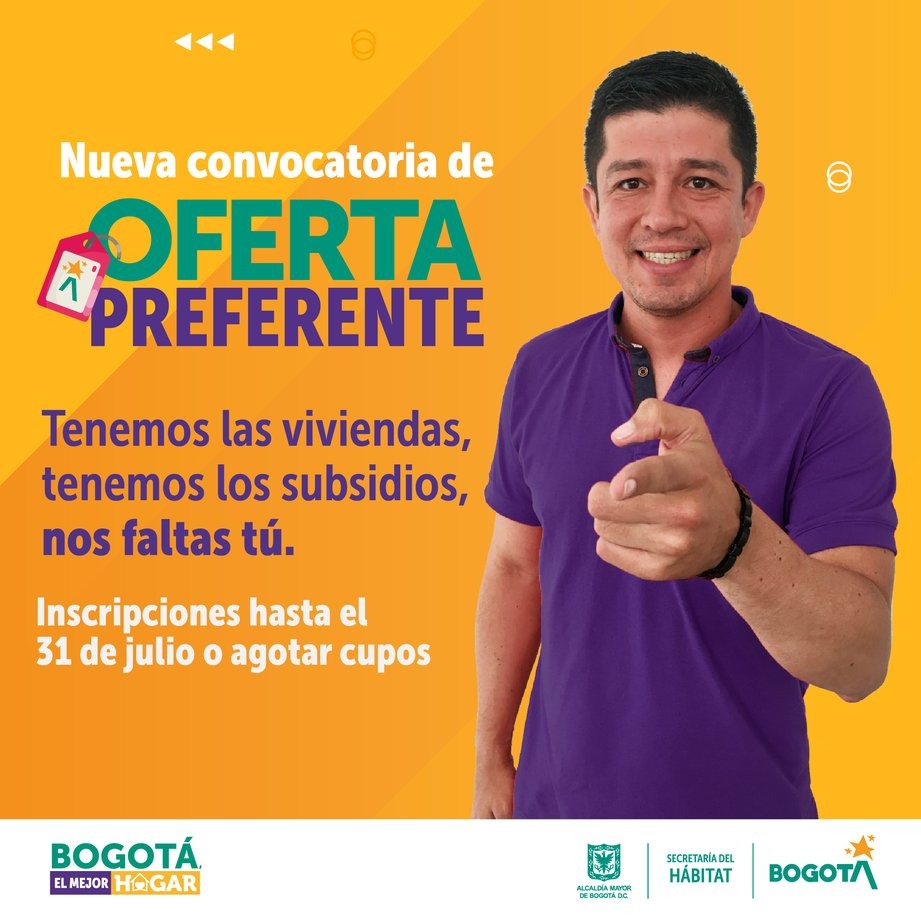 Hogares con ingresos hasta 4 salarios mínimos, ¡atentos a esta oportunidad para adquirir vivienda! Hasta el 31 de julio se puede aplicar de forma virtual al programa 'Oferta Preferente', que permitirá a 2.117 familias acceder a subsidios. Instrucciones⬇️ habitatbogota.gov.co/prensa/noticia…