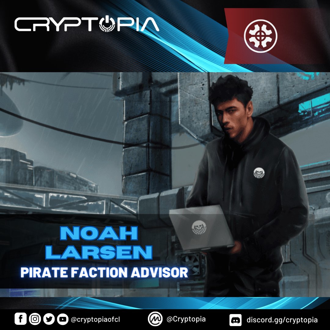 PeterNolan_CRT's tweet photo. Allow me to present Noah Larsen, the Pirate advisor of the Tech faction. Noah Larsen, the leader of this eccentric group of hackers, med techs, and bioengineers, was once a sickly young boy who frequented hospitals and needed constant medical attention.
#Cryptopia #TechFaction https://t.co/3gjkdIXvqj