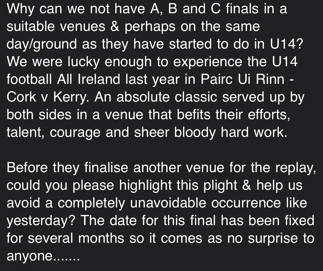 Been contacted by a few people who attended Sunday’s <a href="/LadiesFootball/">Ladies Football</a> All-Ireland U16A <a href="/CorkLGFA/">Cork LGFA</a> vs <a href="/CavanLGFA/">CavanLGFA</a> final in Clara, county Offaly, and asked to highlight the following.

On the pitch, it was a cracking advert for the #lgfa #ladiesfootball but, off it, clearly not