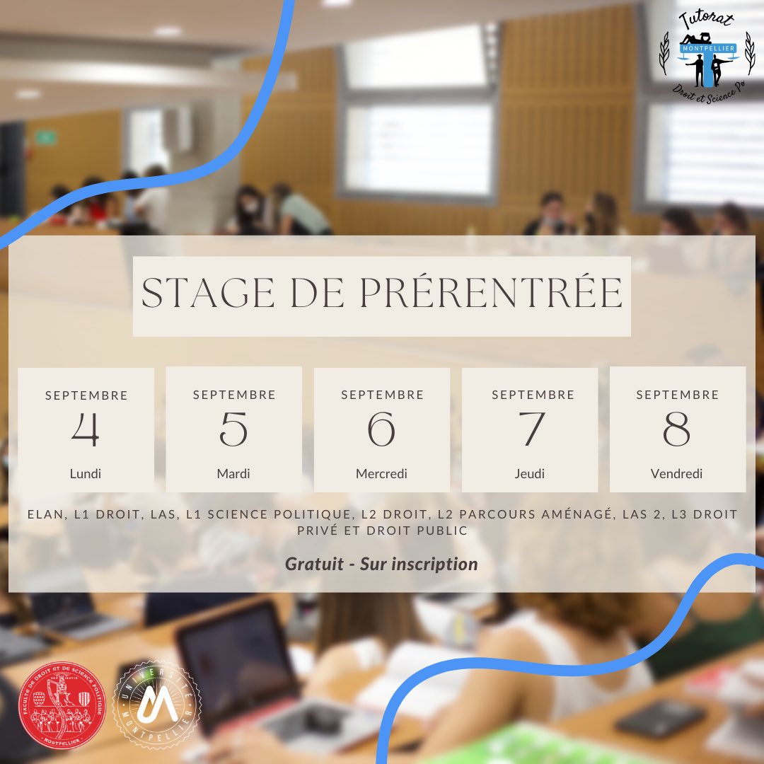 tutodroitMTP's tweet photo. [PRÉRENTRÉE 2023]

Comme chaque année, le tutorat vous propose un stage de prérentrée entièrement gratuit la semaine du 4 septembre 🫶 https://t.co/aDwRUDVaBM