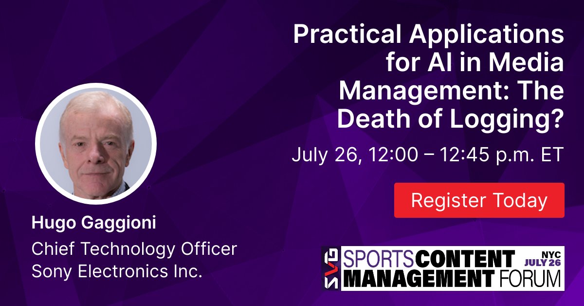 SonyProUSA's tweet image. Did you know AI has the potential to change how sports-content creators generate &amp;amp; manage their content? To learn more, join #TeamSony’s Hugo Gaggioni &amp;amp; other panelists for this exciting session @ the upcoming @sportsvideo Content Management Forum: bit.ly/3NynqKv #SVGSCM