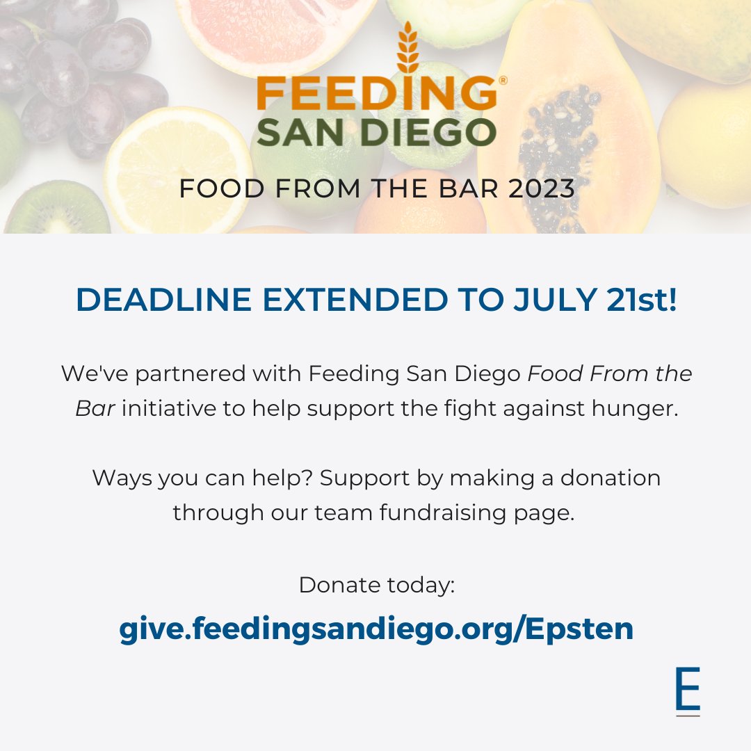 EpstenAPC's tweet image. DEADLINE EXTENDED TO JULY 21ST!
Help us change lives! Join #EpstenAPC in the fight to end hunger through food rescue with #FeedingSanDiego. 
Every donation counts &amp;gt;&amp;gt; give.feedingsandiego.org/Epsten 
 
#HungerRelief #FoodBank #GiveBack #EndHunger