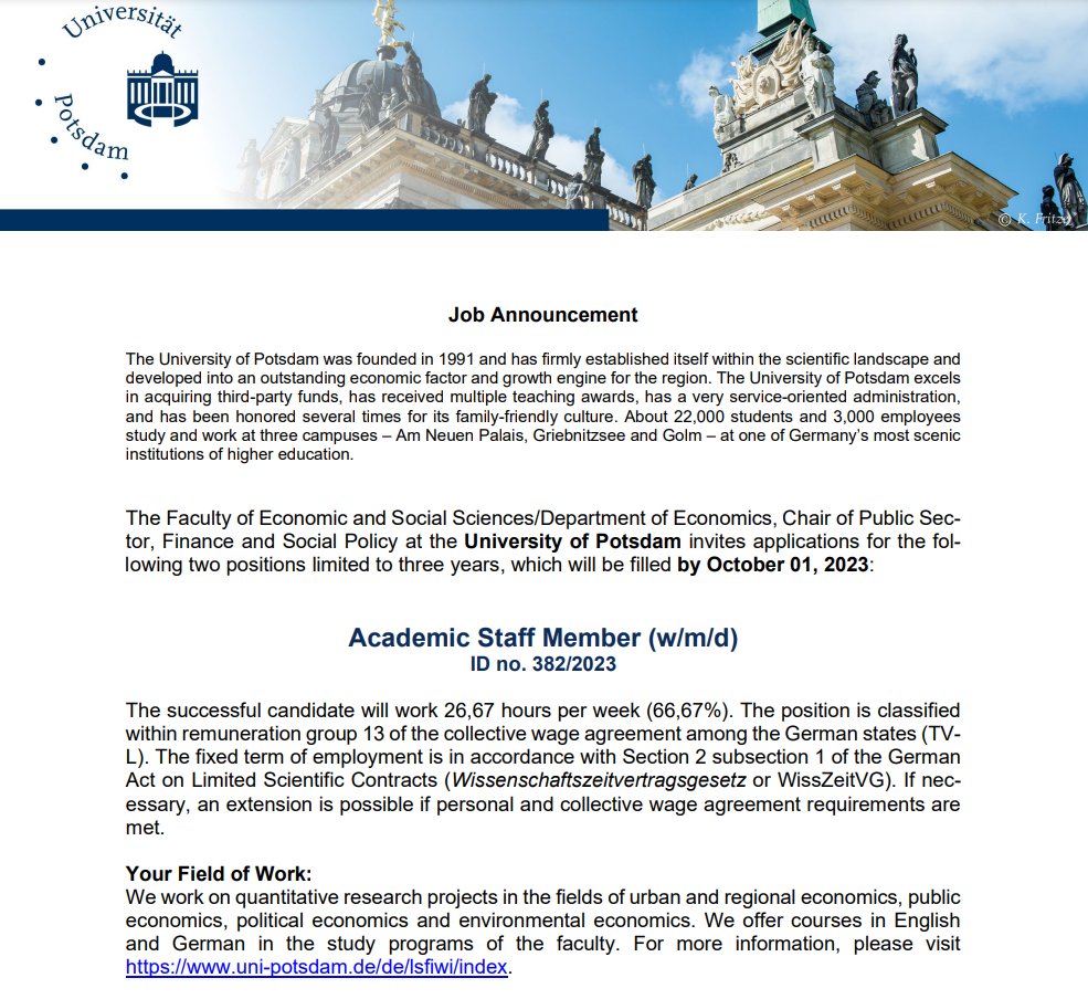 🚨Looking for an opportunity to do your Ph.D. at
@unipotsdam and @BSE_Berlin with a focus on #RegionalEconomics, #EnvironmentalEconomics, #PublicEconomics or #PoliticalEconomics?
@RainaldBorck is hiring! Apply now!

The job ad is available here: uni-potsdam.de/fileadmin/proj…
