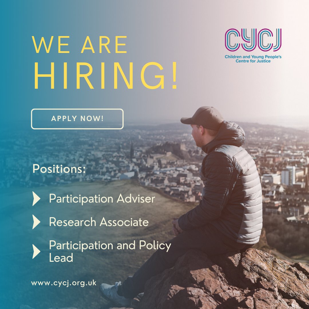 Not 1, not 2, but 3 great opportunities to join the team here at CYCJ! 

We're looking for a Participation and Policy Lead, a Research Associate and a Participation Adviser.

Find out more: cycj.org.uk/news/announcin… 

Pls spread the word if you know anyone who could be a good fit.