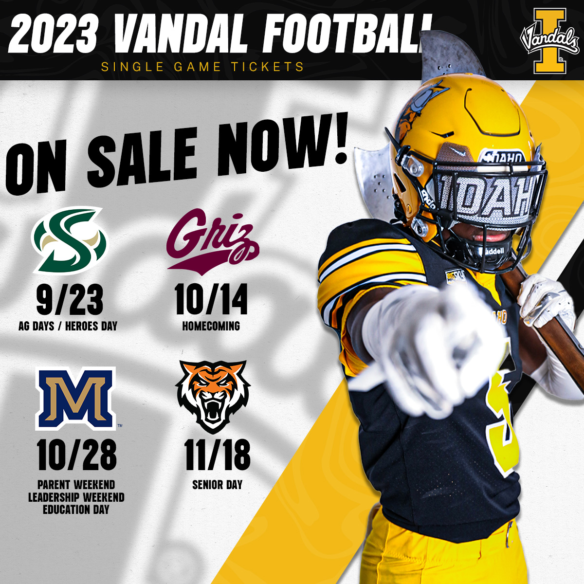 VandalFootball's tweet photo. What game will we see you at?!
Single game tickets are on sale now! Get yours today at https://t.co/uWMF30K5aB
#GoVandals https://t.co/EmVc8kCFdW