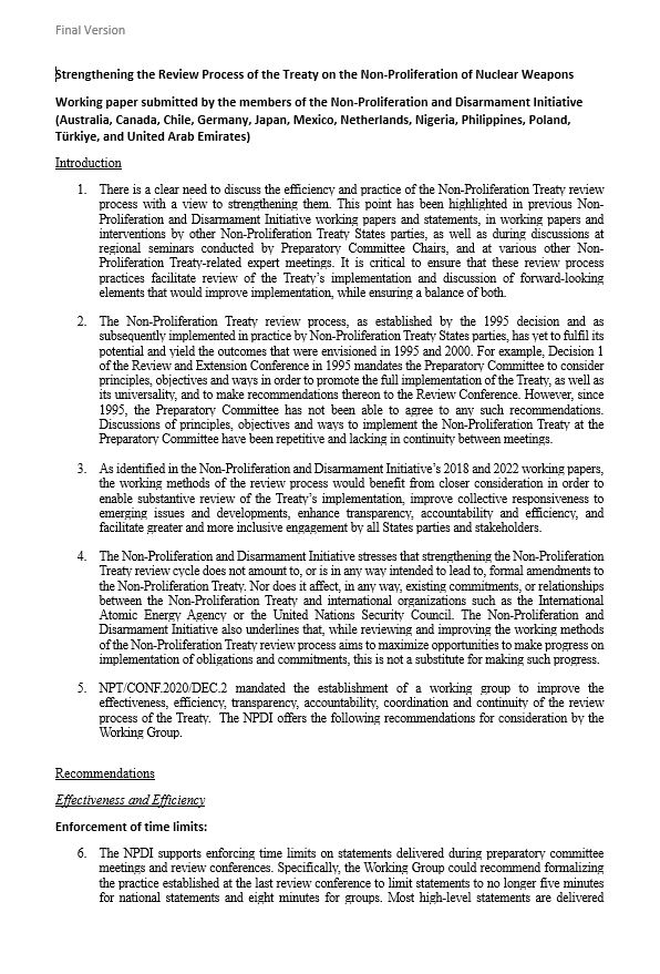 TheNPDI's tweet photo. @TheNPDI hereby presents its latest working paper on Strengthening the Review Process. Aiming to contribute to the 2023 #NPT working group discussion, the paper has been submitted to the working group. https://t.co/ofest00TlK