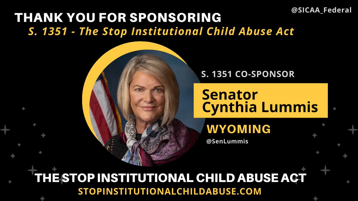 Many thanks to Senator Cynthia Lummis @SenLummis of #Wyoming for co-sponsoring #S1351, a bipartisan bill that aims to address abuse within the #TroubledTeenIndustry. We applaud your commitment to #StopInstitutionalChildAbuse and pass #SICAA!

#WYPol #USLeg