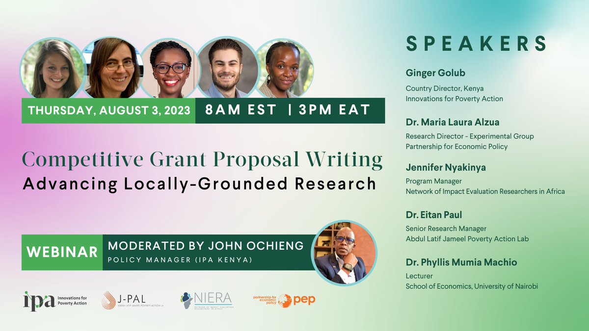 Innovations for Poverty Action (@poverty_action) on Twitter photo If you missed our last #webinar on #GrantProposalWriting, we have another one coming in #August. IPA Kenya along with <a href="/JPAL/">J-PAL</a> @<a href="/PEPnetwork/">PEP - Partnership for Economic Policy</a> & <a href="/NIERA_EA/">Network of Impact Evaluation Researchers in Africa</a> will provide invaluable tips to help you secure #funding for your projects. Register now: bit.ly/ipagrantwritin… If you missed our last #webinar on #GrantProposalWriting, we have another one coming in #August. IPA Kenya along with <a href="/JPAL/">J-PAL</a> @<a href="/PEPnetwork/">PEP - Partnership for Economic Policy</a> & <a href="/NIERA_EA/">Network of Impact Evaluation Researchers in Africa</a> will provide invaluable tips to help you secure #funding for your projects. Register now: bit.ly/ipagrantwritin…