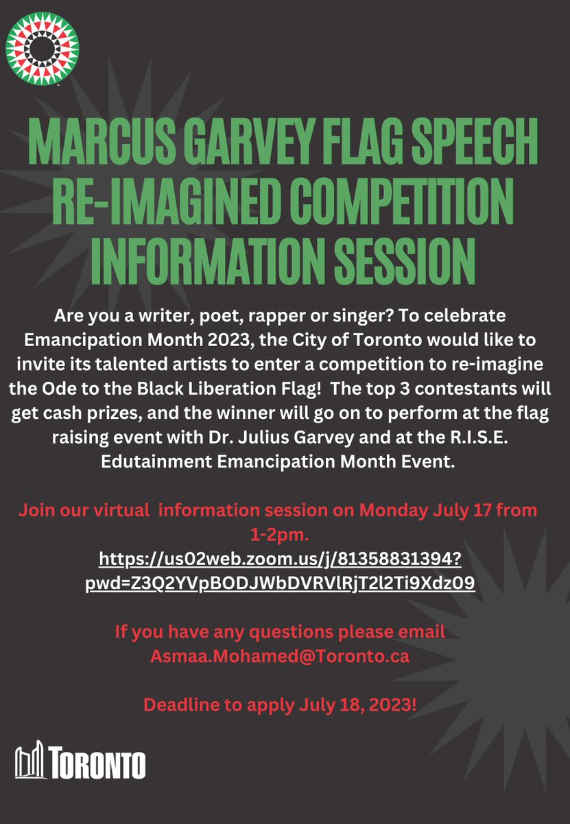 Are you a writer, poet, rapper, singer? The City of Toronto invites youth artists to re-imagine Garvey's "Ode to the Black Liberation Flag" to celebrate Emancipation Month!

Info session: TODAY, 1PM-2PM
ow.ly/VQEn50PaEr8

#CABRTO #EmancipationMonth