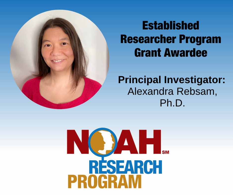 NOAH Research Program - Spotlight!

Join us in congratulating Principal Investigator Dr. Alexandra Rebsam, Ph.D., who is an Established Researcher Program Grant Awardee. 

Learn more about the NOAH Research Program and 2023 grant awardees: https://t.co/0jUZR7Z8m3 https://t.co/oPBX6R2rxC