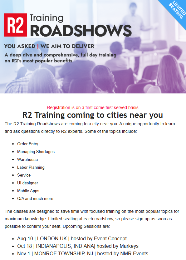 UnibizSoftware's tweet photo. The R2 Training Roadshows are coming to a city near you! Make sure to sign up today! 

https://t.co/e7suBg68Z3 https://t.co/wU0BCWMVXz
