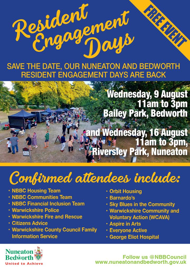 Nuneaton and Bedworth Borough Council is holding two resident engagement events during August. 'These events are a great way to ensure we keep updated with the issues that matter most to our residents.' nuneatonandbedworth.gov.uk/news/article/2…