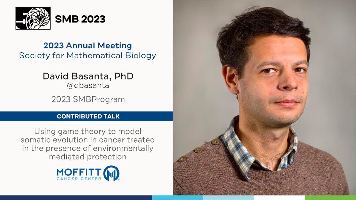 Tomorrow at #SMB2023: Dr. @dbasanta uses game theory to model somatic evolution in cancer treated in the presence of environmentally mediated protection. 

⏰: 7/18 at 2:30 PM
📍: Barbie Tootle Room (#3156)

Learn More ➡️ bit.ly/3rmGV1f