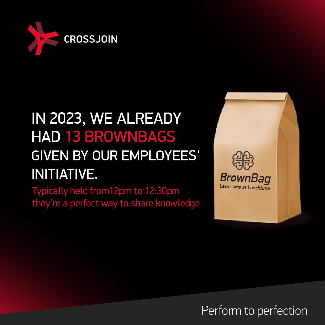Cross_join's tweet photo. Typically held from 12pm to 12:30pm, our brownbag sessions are a perfect way to enrich your knowledge and connect with colleagues. Any Crosser has the opportunity to share knowledge they have gained about a tool, technology or platform. https://t.co/GvaB5N3NvM
