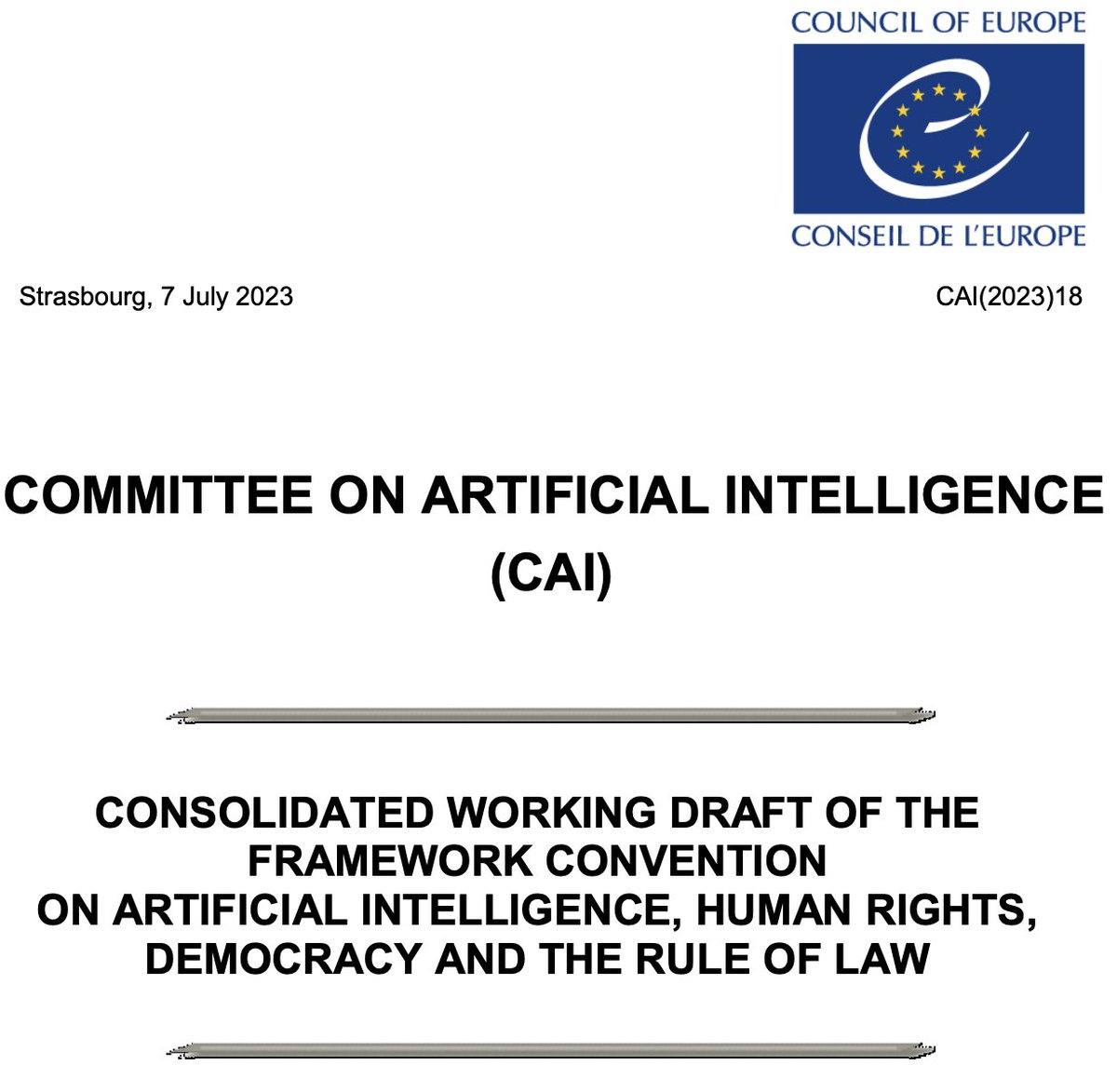 📢 Just read the latest 'Working Draft' of the Council of Europe's AI Committee (CAI) (July 2023). This document will serve as the basis for drafting a legally binding (global?🌎) AI treaty. My first thoughts on this new text in a short thread. 1/11🧵#AI #HumanRights #COE4AI