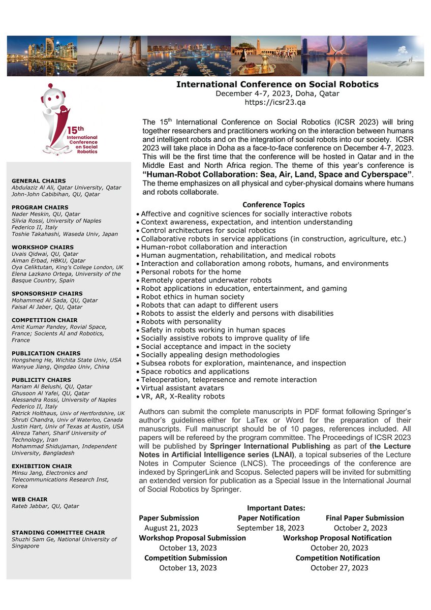 🤖📢 #ICSR2023 new deadline for papers submission!!!! Have a look at our website! icsr23.qa #icsr2023 #conference #Robots #HRI