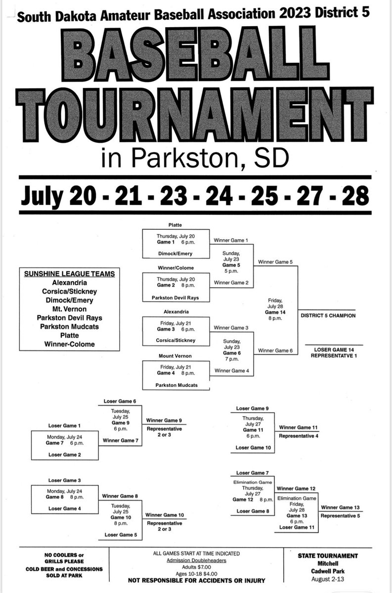 The District 5B amateur baseball tournament bracket. The action starts Thursday at The Pond in Parkston.