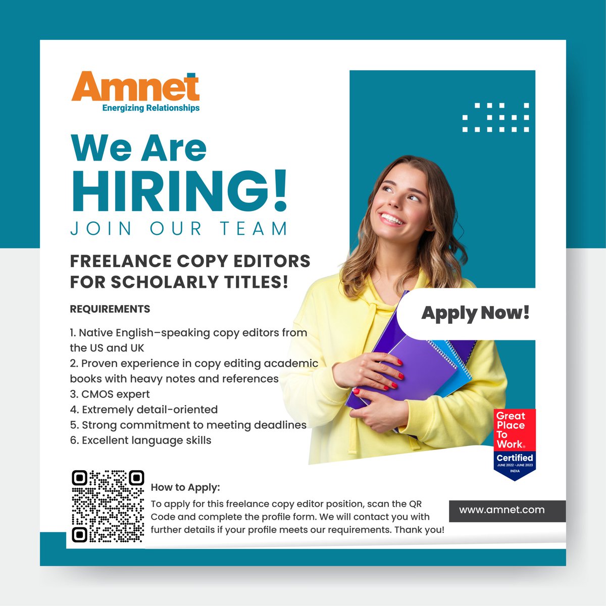 Amnetsys's tweet photo. We are hiring freelance copy editors! To apply, you can click here - https://t.co/x6u6cPaBpi and complete the profile form. Experience being a part of a Great Place to Work certified company!

#jobopening #jobs #Amnet https://t.co/gJxGnYehcn