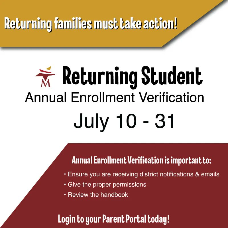 REMINDER: Families of returning students must complete the Annual Enrollment Verification process by July 31. If not completed, student schedules and homeroom teacher names will not be released. Click the link for detailed instructions and how to log in. buff.ly/3JYKZvg