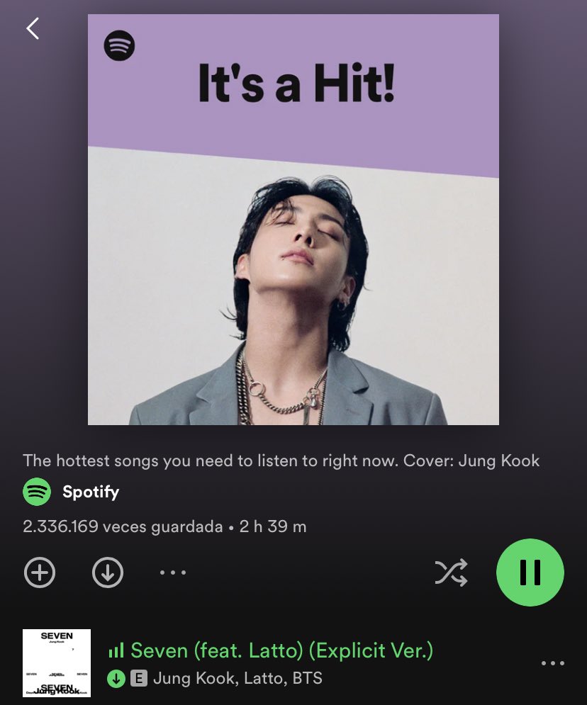 btschartsdailyc's tweet image. #Jungkook is now the cover of Spotify Playlist &apos;It’s a Hit!&apos; (+2.3M followers)

#1 Seven (NEW)

open.spotify.com/playlist/37i9d…