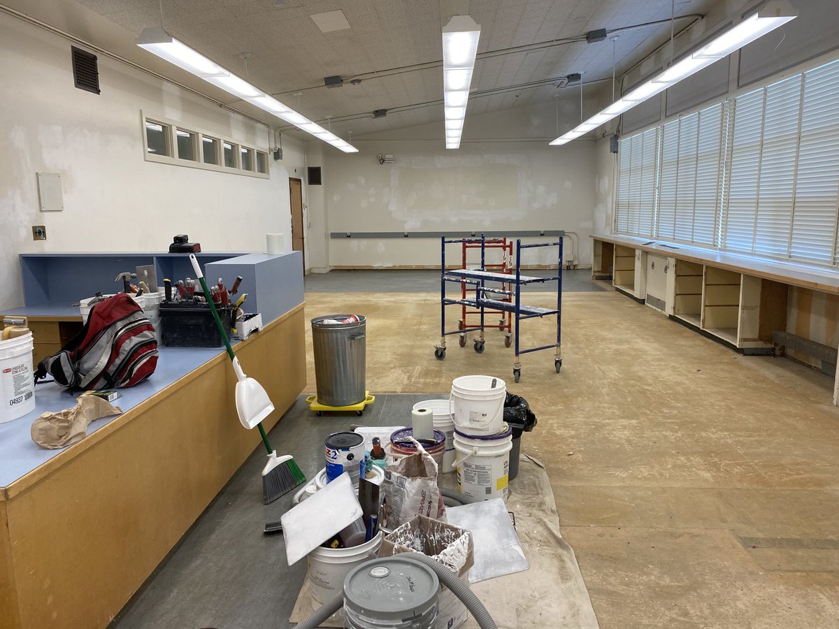 Rosedale Learning Commons Update! Shelves and flooring are out, patching walls, prepping for new carpet, flooring and paint this week! Thank you Rosedale for fundraising! #RosedaleStrong