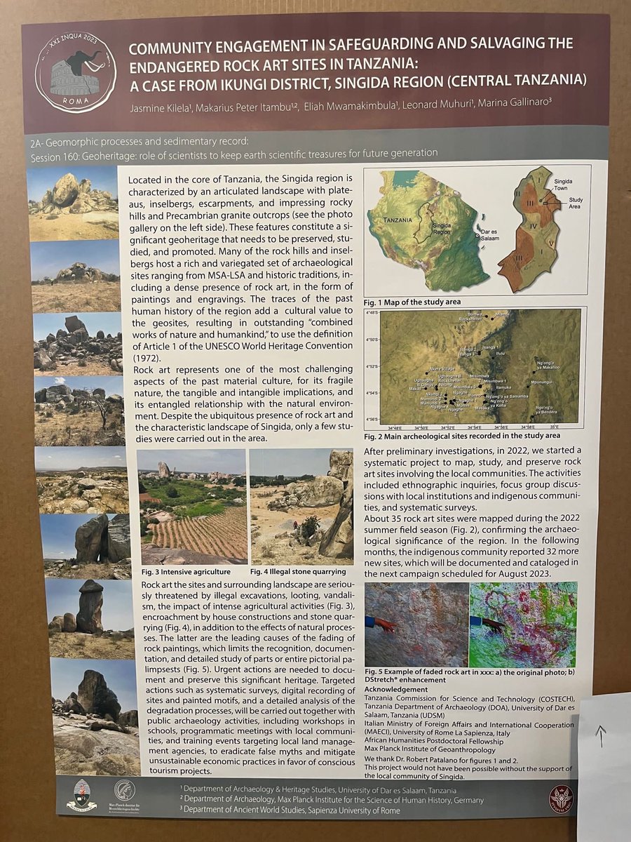 Thank you Prof @MarinaGallinaro for presenting a poster prepared by @Archaeo_UDSM undergrad students on their behalf at the @InquaRoma2023 about community engagement in safeguarding the rock art of Singida region, Tanzania 🇹🇿