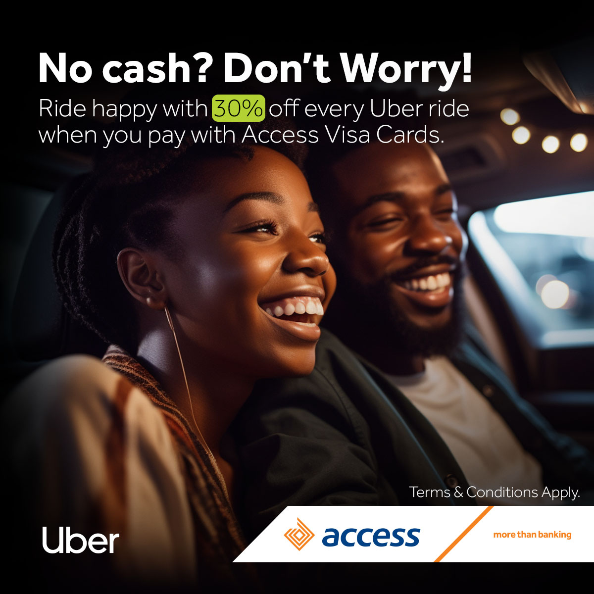 Have you been stressed out about not having cash during an Uber ride? You can now pay for your Uber trips with your Access Visa Card!

Link your Access Visa Card to your Uber account and use our promo code "AccessRideSavings" for 30% off all your rides for the rest of the year!