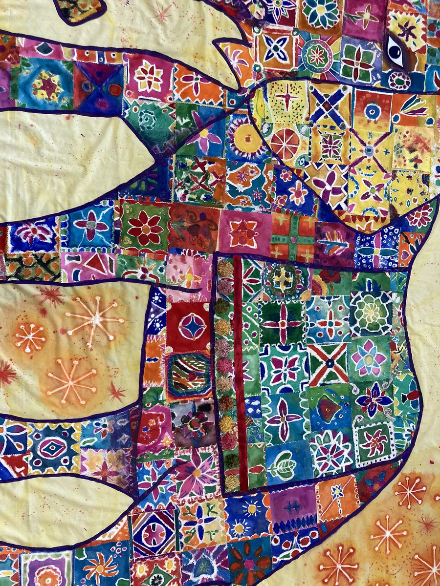 A busy day creating Hamlet the elephant. Hamlet is made from patchwork, each beautiful pattern is a batik square made by all the year 6 learners who completed their transition art lesson with us a few weeks ago. Hamlet will be displayed in school in the coming days.
