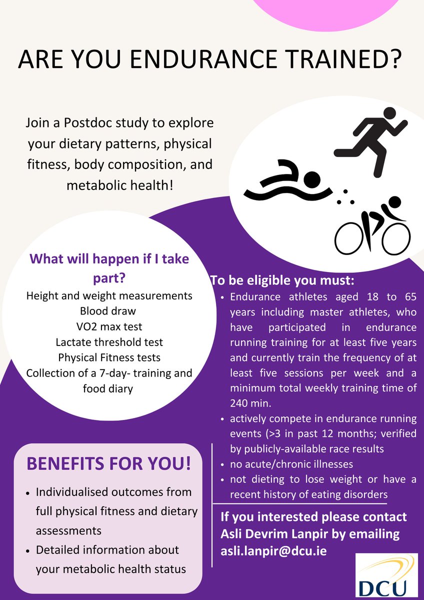 DCU School of Health and Human Performance (@dcu_shhp) on Twitter photo 📢Participants required!!
We are recruiting endurance athletes for an upcoming study. If you meet the criteria and are interested in getting involved, contact Asli via email (asli.lanpir@dcu.ie) 📢Participants required!!
We are recruiting endurance athletes for an upcoming study. If you meet the criteria and are interested in getting involved, contact Asli via email (asli.lanpir@dcu.ie)