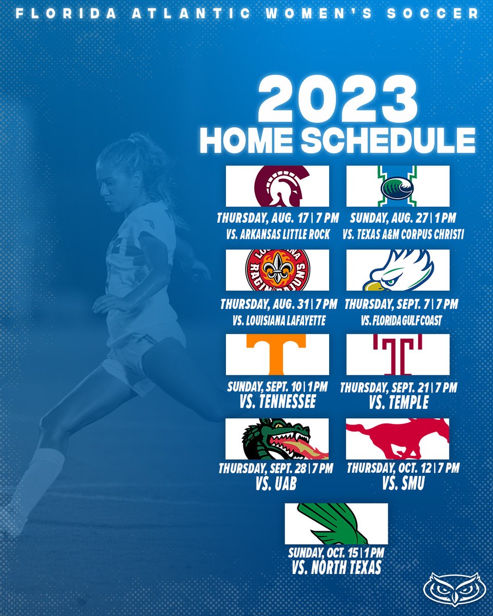 FAUWSoccer's tweet photo. Our 2023 schedule is SET! 🦉⚽️

The journey begins one month from today in FAU Stadium.

Full release 📰 https://t.co/617IcSaFNe

#WinningInParadise https://t.co/rZm5gDmPDI