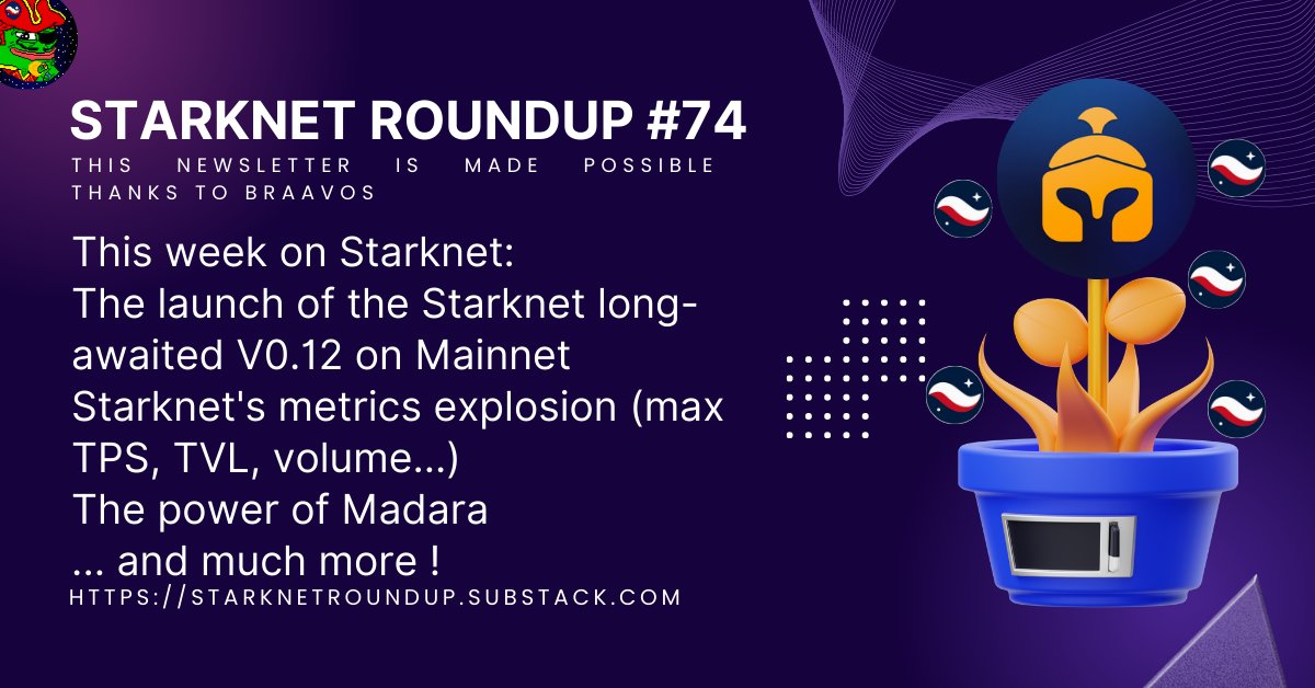 I have just published #StarkNet Roundup #74 ✨🐺

This newsletter covers everything that has happened on the Starknet ecosystem over the past week 🫡

It's the perfect place to get a weekly overview of the ecosystem evolution in 10 minutes of reading 👇
starknet-research.beehiiv.com/p/starknet-rou…