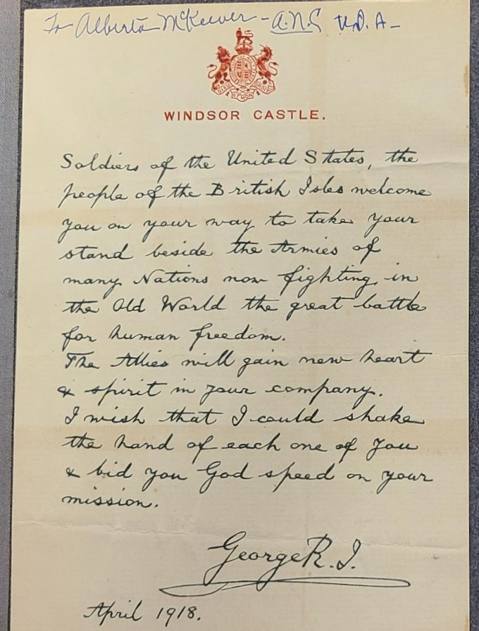 Here's something different: a thank you note to the U.S. soldiers (and Army nurses) who served in Europe during WWI from King George V. #militarymonday #wvhp #uncg #WWI