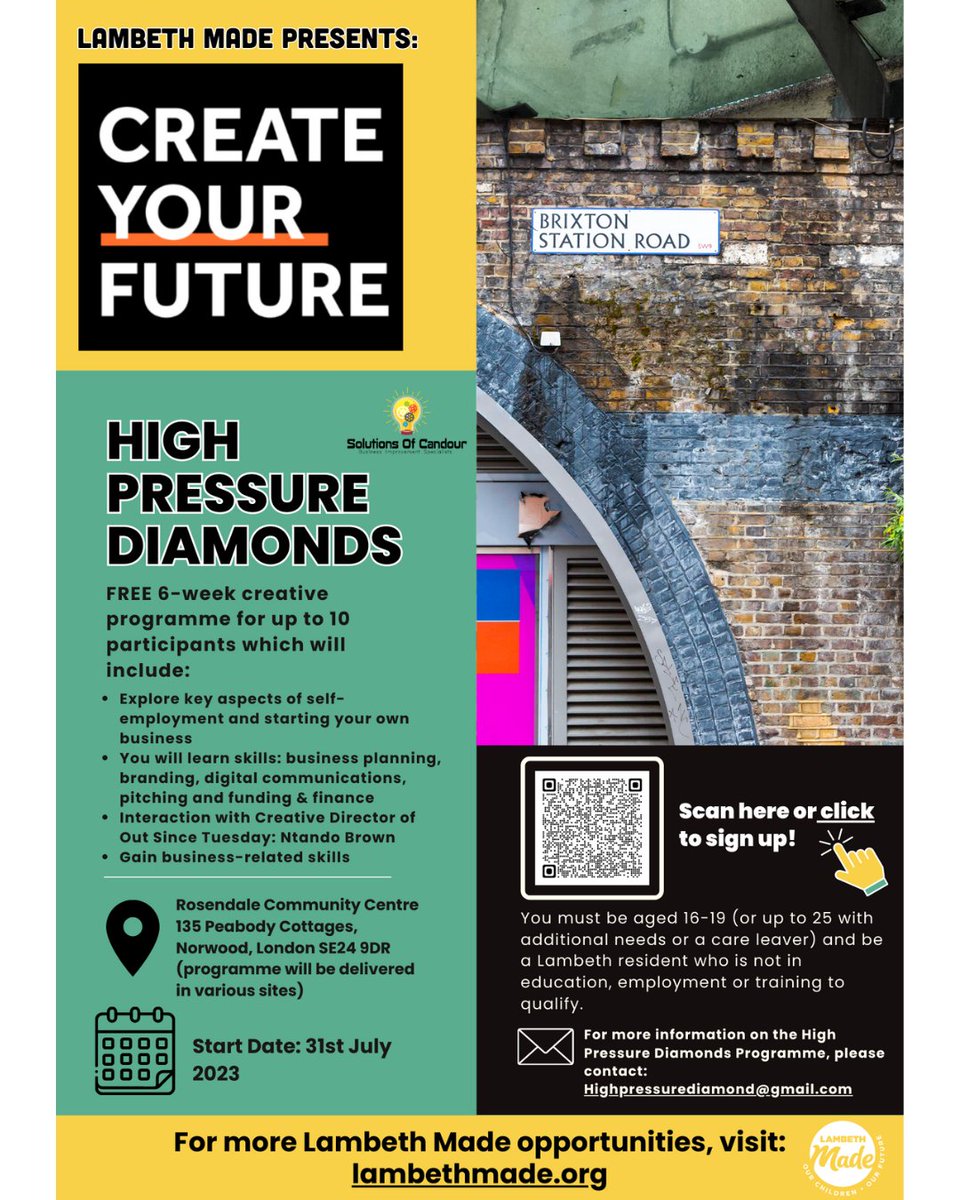 LambethMade's tweet photo. Join Solutions of Candor's High Pressure Diamonds FREE 6-week creative programme as part of Create Your Future Summer Programme 2023!

📅31st July 2023

📍Rosendale Community Centre 135 Peabody Cottages, Norwood, London SE24 9DR 

https://t.co/sGODBNAQDL https://t.co/tLfWsby3bY