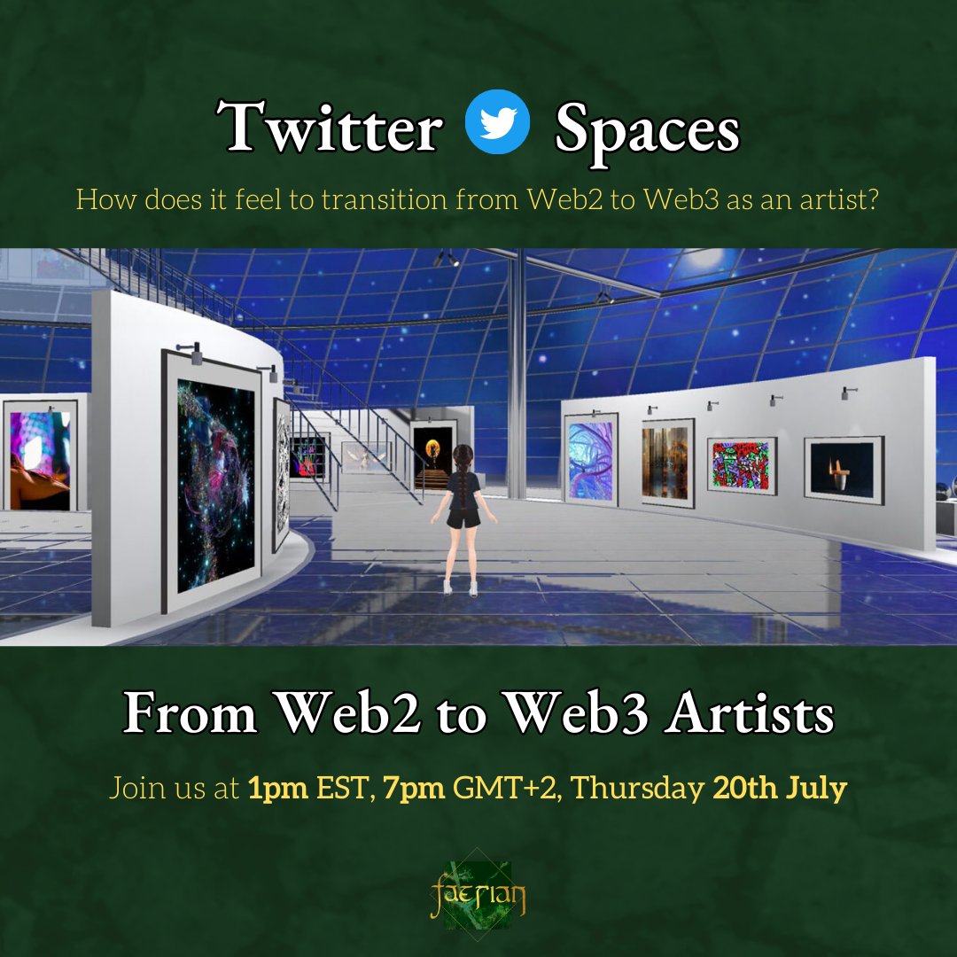 faerian_art's tweet photo. 🌌 How does it feel to transition from Web2 to Web3 as an artist?

Web3 offers unprecedented access to state-of-the-art tools for building audiences, communities, while keeping your art at centre stage. So why is the existing Web2 art world still reticent to adopt it?

Join us this Thursday at 1pm EST, 7pm GMT+2 to be a part of the conversation about the change from the Web2 to the Web3 art ecosystems.

Featuring the speaker @shaolun, co-founder of @onbd_art, with unique experience about both worlds! ✨

Set up a reminder: ➡️ https://t.co/P3KCMyNy2y 

#Web3Artists #Web3 #FaerianSpaces #Web2Art #Web3Gallery #Web3Art