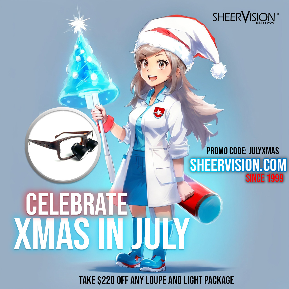 SheerVisionInc's tweet photo. We Thought You Could Use a Little Cooling Off, So We Brought You Xmas in July!! Take $220 Off All Loupe and Headlight Packages!! Hurry! Offer Ends July 31st! (use promo code JULYXMAS at checkout) https://t.co/fKgiW2O1Ln