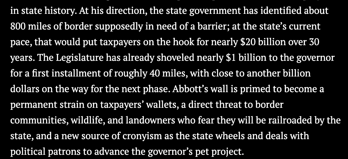 Forrest4Trees's tweet photo. The Greg Abbott border wall has already cost $1 billion and is on track to cost *$20 billion*. Whatever happened to fiscal conservatism?

Great reporting on a sadly under-covered boondoggle

by @by_jmiller 

https://t.co/hnUWqBYef7 https://t.co/mFjmyW3Y1Q