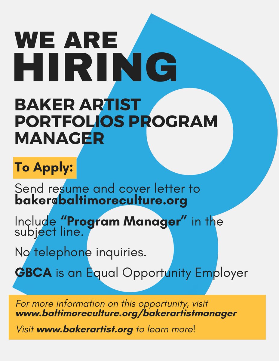 GBCA is seeking a Baker Artist Portfolios Program Manager.⁣⁣
⁣⁣
To apply, send resume and cover letter to baker@baltimoreculture.org. Include “Program Manager” in the subject line. No telephone inquiries. ⁣⁣