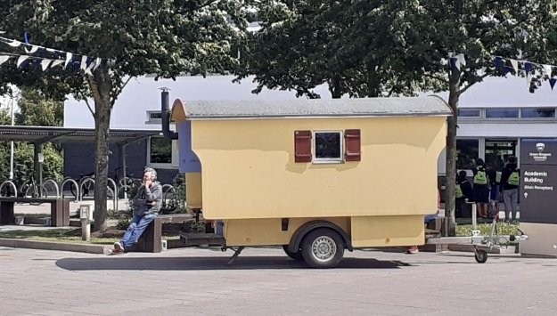 All ready for tomorrow's invitation for students, staff and the local community around a shepherd's hut in the outdoor spaces of @QMUniversity campus Edinburgh @qmueducation hosted by @bainbridge_edu open all day near the allotment/lake