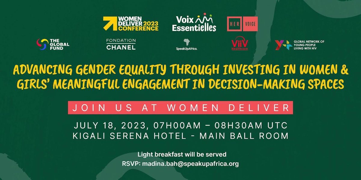 Join us tomorrow morning at <a href="/WomenDeliver/">Women Deliver</a> (Serena Hotel) for our panel at 7:00 AM (yes, 7:00 AM!).

We will be serving coffee and hear from our #VoixEssentiELLES, <a href="/SeuneFara/">Fara Ndiaye</a>, the <a href="/GlobalFund/">The Global Fund</a>, <a href="/ViiVHC/">ViiV Healthcare</a> Positive Action, <a href="/RukiaMannikko/">Rukia Männikkö</a>, Fondation CHANEL &amp; #HerVoiceFund! 

#WD2023