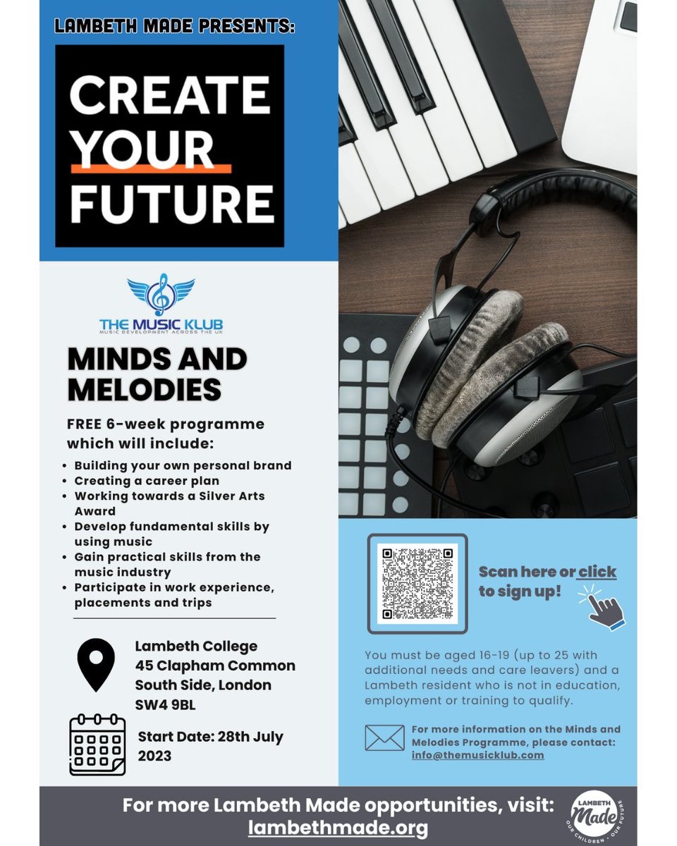 LambethMade's tweet photo. If you're a music enthusiasts, scroll down!👇

Create Your Future Summer Programme 2023 is here! @TheMusicKlub invites you to join Minds and Melodies - FREE 6-week programme!

📅28th July 2023
📍Lambeth College 45 Clapham Common South Side, London SW4 9BL
 https://t.co/sGODBNAQDL https://t.co/0Lj2PMgqH6