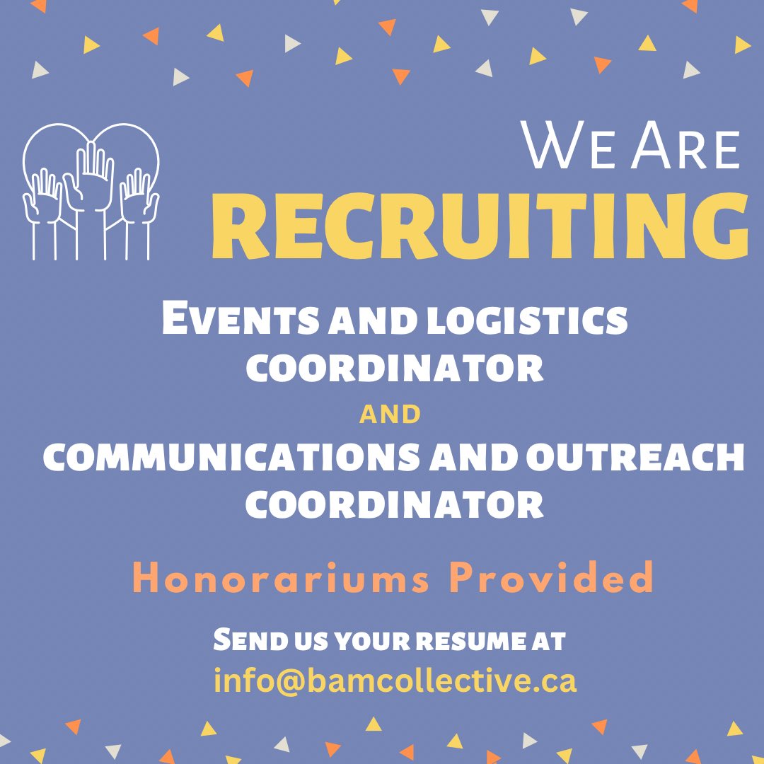 BAMCollectivee's tweet image. We are looking for an Events and Logistics Coordinator and Communications and Outreach Coordinator for our upcoming project Inclusive Communities; Safer Streets: #LetsEmpowerToronto

DEADLINE: JULY 24, 2023

Send us your resume info@bamcollective.ca